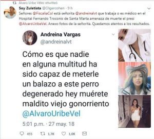 La tuitera que investiga por la Fiscalía a favor de Dispararle a Álvaro Uribe