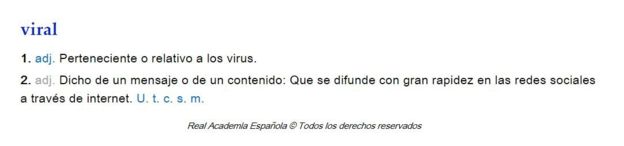 Captura de pantalla de la página web de la RAE de la definición de "viral".
