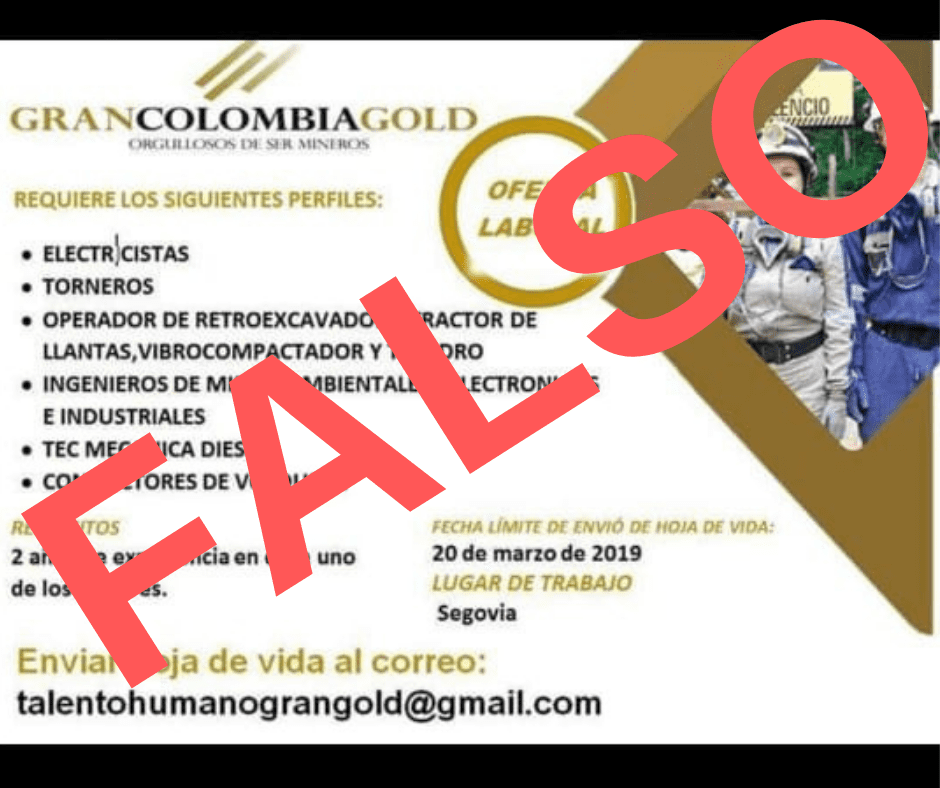 Gran Colombia Gold alerta sobre falsas ofertas laborales a su nombre en redes sociales